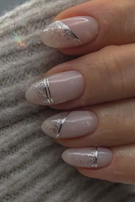 Winter Nails Ideas 2024, Metalic Ombre Nails, Silver Festive Nails, Gel X Nail Designs Silver, Good And Silver Nails, Silver Or Gold Nails, Silver Pattern Nails, Fancy Silver Nails, Nude And Silver Nail Designs