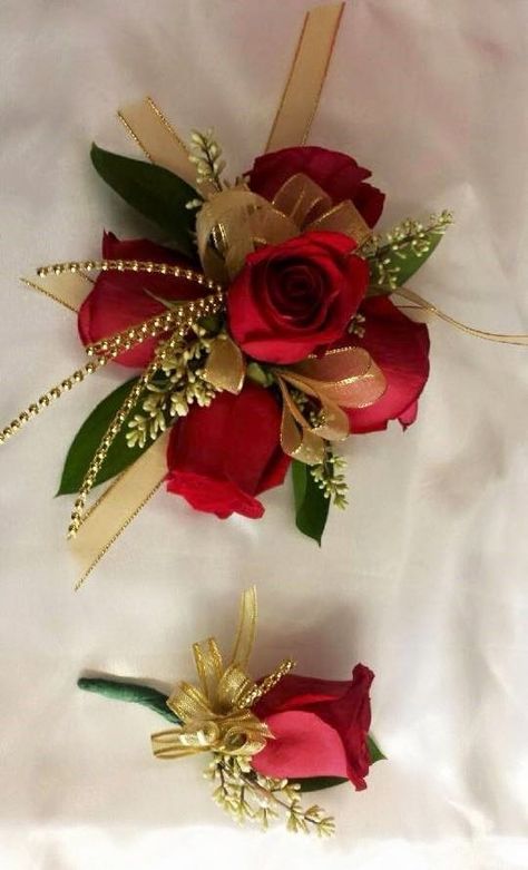 Gold Corsage Prom, Red Corsages, Gold Corsage, Dance Flowers, Bracelet Corsage, Prom Corsages, Prom Corsage And Boutonniere, Wrist Corsage Prom, Homecoming Corsage