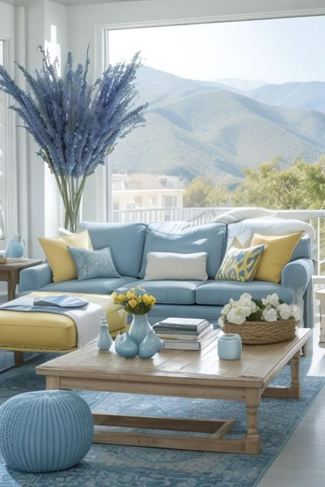 Blue And Yellow Living Room, Beach House Decor Living Room, Light Blue Living Room, Blue And White Living Room, Coastal Decorating Living Room, Colourful Living Room Decor, Beach House Living Room, Yellow Living Room, Blue Home