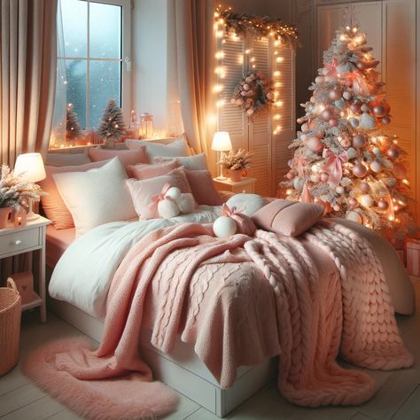 Pink Christmas Room Ideas, Pink Bedroom Christmas Decor, Pink Christmas Room Decor Ideas Bedrooms, Pink Christmas Bedroom Decor, Christmas Bedroom Pink, Pink Christmas Decorations Bedroom, Pink Christmas Aesthetic Bedroom, Christmas Bedroom Pink And White, Pink Christmas Themed Room