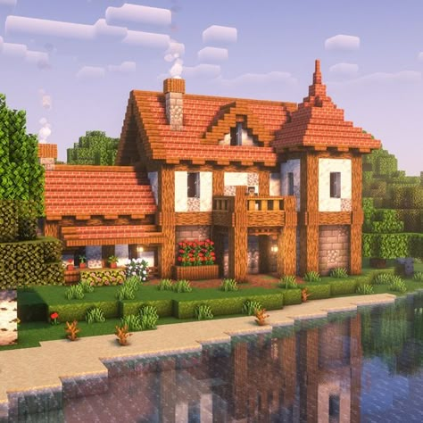 A medium-sized survival house for your Minecraft world! Big Minecraft Houses Survival, Big Minecraft Cottage, Minecraft Big Base, Minecraft Survival Base Ideas, Big Minecraft Builds, Survival House Minecraft, Big Minecraft Houses, Minecraft Brick, Minecraft Medieval House