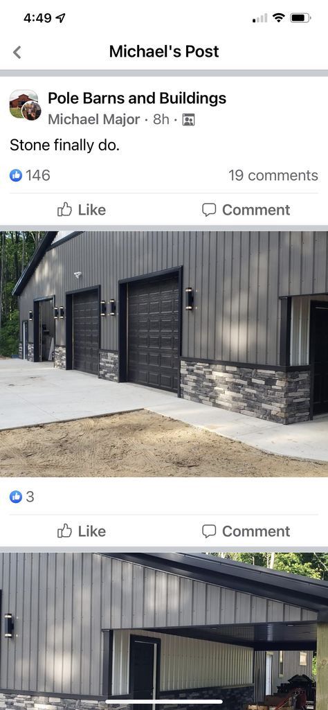 Two Tone Metal Building, Dark Gray Metal House, Barndominium Shop Ideas, Gray And Black Metal Building, Light Grey Barndominium Exterior, Charcoal And Black Metal Building, Dark Grey Shop House, Gray And Black Barndominium Exterior, Black And Gray Barndominium