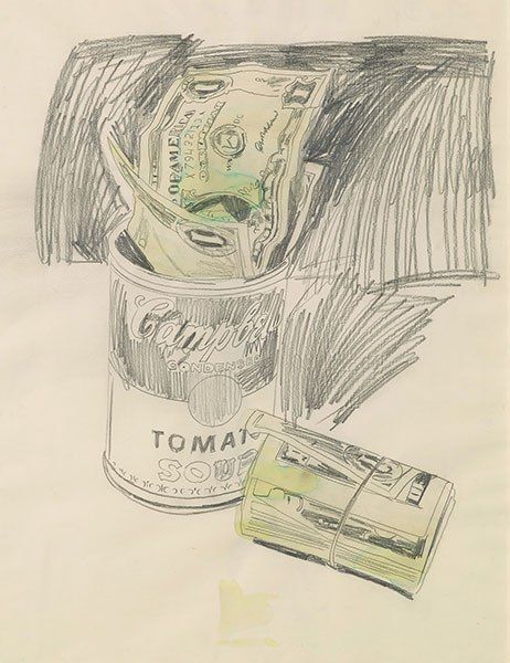 Campbell Soup Can and Dollar Bills, 1962, Andy Warhol. Dollar Drawing, Andy Warhol Drawings, Andy Warhol Museum, Warhol Art, 70s Sci Fi Art, Drawing Course, Morgan Library, Dollar Bills, Campbell Soup