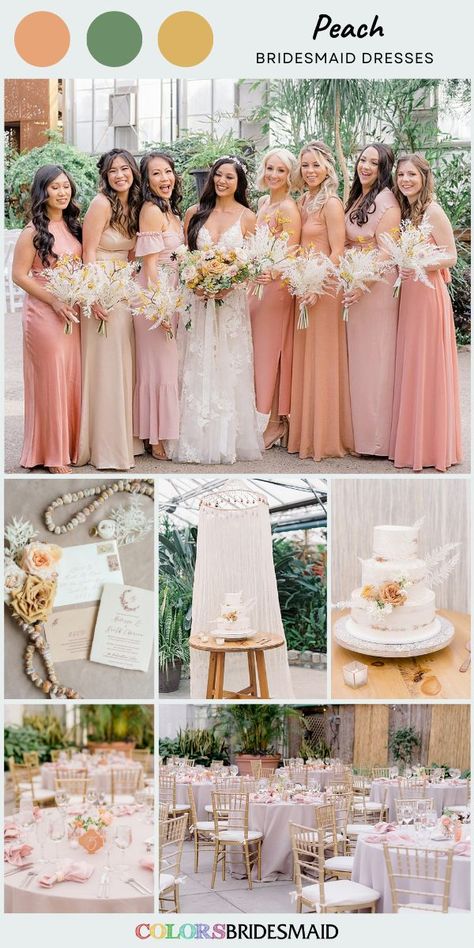 Bridesmaid Dresses Peach, Peach Wedding Decorations, Peach Pink Wedding, Mismatched Dresses, Peach Bridesmaid, Peach Bridesmaid Dresses, White Flower Bouquet, Bridesmaid Saree, Wedding Tablecloths