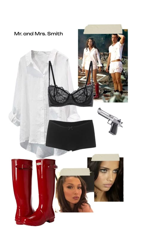 A collection comprising a white button-down shirt, black lingerie, shiny red boots, and a toy pistol, capturing the cinematic style of "Mr. and Mrs. Smith." Casual Halloween Outfits, Goddess Halloween Costume, Easy College Halloween Costumes, Cute Group Halloween Costumes, Classy Halloween Costumes, Halloween Fits, Mr And Mrs Smith, Hallowen Ideas, Hot Halloween Outfits