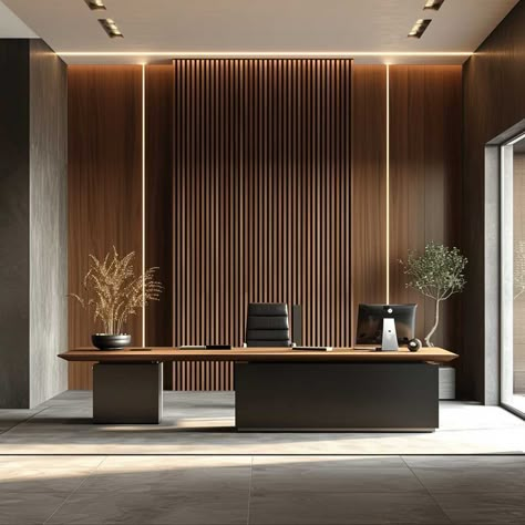 Adding Texture and Style with Unique Vertical Slat Walls • 333+ Images • [ArtFacade] Boss Room Office Interior Design, Modern Moody Office, Office Backdrop Ideas, Office Tv Wall Design, Boss Cabin Design Office, Office Table Design Modern Unique, Office Panelling, Law Firm Interior, Md Room