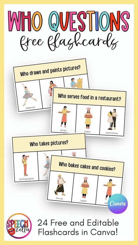 Looking for a fun, creative, and interactive activity to add to your speech therapy routine? Our 'Who' questions flashcards are the perfect solution! Editable, printable and free of charge, these flashcards will keep your students engaged with stimulating speech exercises. Get ready to transform your therapy sessions, one 'Wh' at a time! Wh Questions Speech Therapy Free, Language Comprehension Activities, Who Questions Speech Therapy, Speech Therapy Worksheets Free Printable, Who Questions Worksheet, Wh Questions Worksheet, Speech Exercises, Wh Questions Speech Therapy, Speech Therapy Free