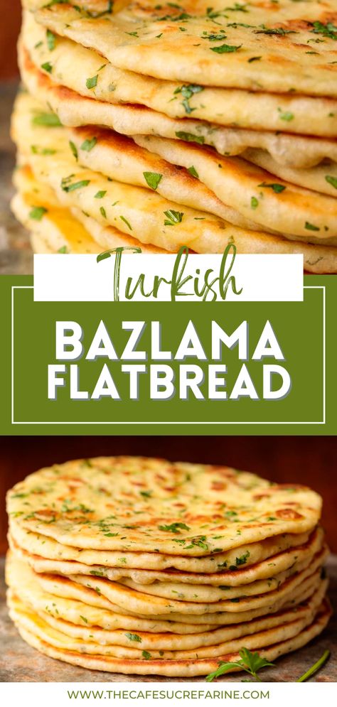 This Turkish Bazlama Flatbread is the perfect side dish for hummus, tabouli, wraps, and so much more! The best part of this recipe is that it only requires one bowl and no mixer. These delicious, tender, pita-type flatbreads are cooked in a pan on the stovetop in minutes. Make this your delightful side dish that pairs well with everything. Flatbread Side Dish, Turkish Side Dishes, Turkish Flatbread, Homestyle Cooking, Mediterranean Cooking, Delicious Sides, Foodie Photography, Mixer Recipes, Knead Bread Recipe