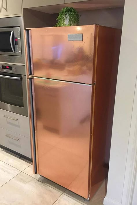 The $5 Kmart hack that transformed this fridge | Better Homes and Gardens Rose Gold Kitchen Appliances, Copper Kitchen Appliances, Refrigerator Makeover, Kmart Hack, Paint Refrigerator, Fridge Makeover, Painted Fridge, Kmart Hacks, Rose Gold Kitchen