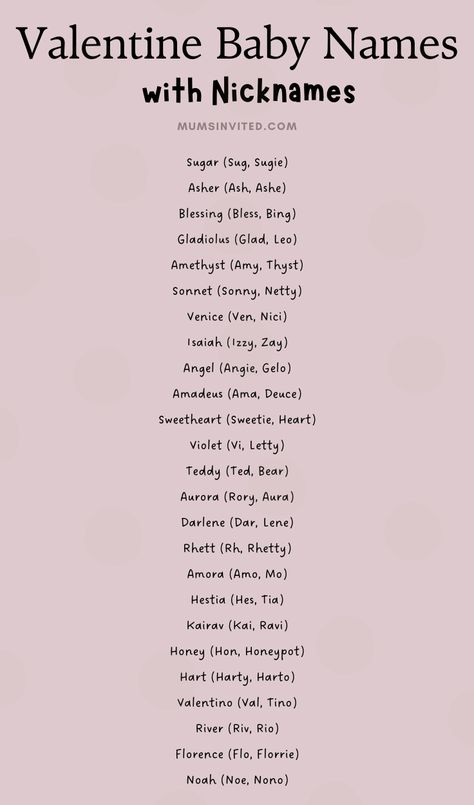 Find the perfect Valentine baby name with nickname for your characters in this extensive list. Includes rare, beautiful, handsome, & timeless old fashioned names as well as dreamy, modern baby boy & girl names. Get writing inspiration for male & female characters & Rp Names. Discover cool names with cute nicknames. Whether you need strong, classy, unisex, or vintage baby names this list has over 100 options. From timeless choices to unique picks, it's full of the best character names. Lover Nick Names, Romantic Boy Names, Baby Names With Nicknames, Names I Adore, Boy Names With Nicknames, Names With Cute Nicknames, Unique Nicknames, Rp Names, Romantic Girl Names