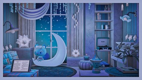 Ione Auri animal crossing new horizons happy home paradise Acnh Star Themed Room, Animal Crossing Starry Room, Cybercore Acnh Island, Acnh Starry Room, Acnh House Interior Blue, Acnh Blue Interior, Acnh Judy House Interior, Acnh Blue Room Ideas, Acnh Blue Bedroom