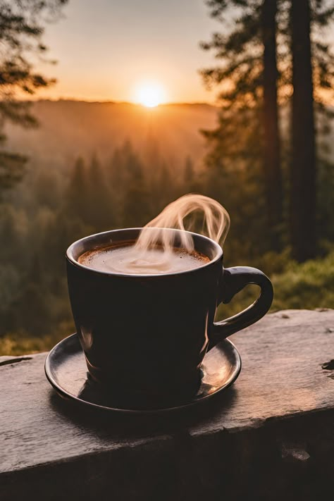 Embracing the morning mist, I cradle my warm cup of coffee. The steam dances upward, intertwining with the sun’s golden rays peeking through the trees. A serene moment where nature and caffeine converge. ☕🌄 Sunrise And Coffee Aesthetic, Mug Of Coffee Aesthetic, Coffee On Table Aesthetic, Coffee Drinking Aesthetic, Steaming Coffee Cup, Outdoor Coffee Aesthetic, Morning Coffee Outside, Crisp Morning Aesthetic, Morning Mood Aesthetic