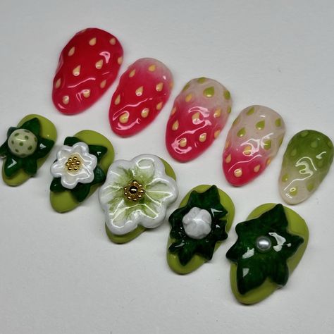 custom strawberry set!! 🍓💚 (original design on last slide) ive been taking a break to recover, but im back to doing nails!! everyone who has ordered a set, it will be done as soon as possible! and to everyone who is waiting for their set to be shipped, i will be shipping within the next few days! thank you all so so much for your patience 🫶 #nails #nailsnailsnails #nailart #gelx #gelnails #explorepage #explore #strawberrynails #strawberry #3dnails #nailaddict #nailartist Doing Nails, Strawberry Nails, Berry Nails, Nail Decor, Claw Nails, Nail Idea, Taking A Break, Im Back, Nails Inspo