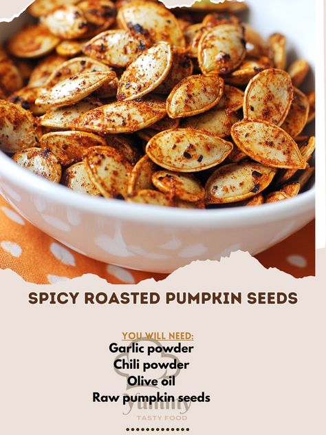 Add some crunch to your fall snacks with these Spicy Roasted Pumpkin Seeds! 🌰🔥 A flavorful treat you can’t resist!" Spicy Roasted Pumpkin Seeds Ingredients: Raw pumpkin seeds (1 cup) Olive oil (1 tbsp) Chili powder (1 tsp) Garlic powder (½ tsp) Salt (½ tsp) Cayenne pepper (¼ tsp) Paprika (½ tsp) Instructions: Preheat oven to 350°F (175°C). Rinse pumpkin seeds and pat dry. Toss seeds with olive oil and spices until evenly coated. Spread on a baking sheet in a single layer. Roast for 15-20 ... Spiced Pumpkin Seeds Recipe, Pumpkin Seeds Recipe Spicy, Roasting Pumpkin Seeds Oven, Pumpkin Seeds Recipe Roasted, Roasted Pumkin Seeds, Cajun Pumpkin Seeds, Pumpkin Seed Recipes Roasted, Spicy Roasted Pumpkin Seeds, Spicy Pumpkin Seeds