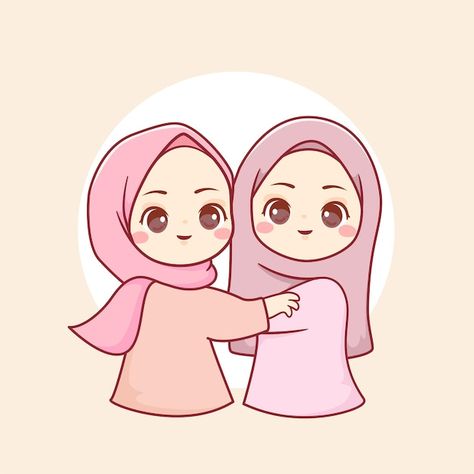 Vector happy muslim best friends smile t... | Premium Vector #Freepik #vector #islamic-woman #hijab #hijab-woman #muslim-woman Sisters Bond, Cute Best Friend Drawings, Hijab Drawing, Best Friends Cartoon, Islamic Cartoon, Friend Cartoon, Hijab Cartoon, Drawings Of Friends, Islamic Girl