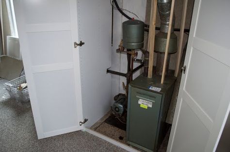 ikea cabinet to hide boiler Hiding Boiler In Basement, Hide Boiler, Boiler Cover Ideas, Boiler Cover, Hide Water Heater, Laundry Entryway, Unfinished Basement Laundry, Furnace Room, Ikea Cabinet