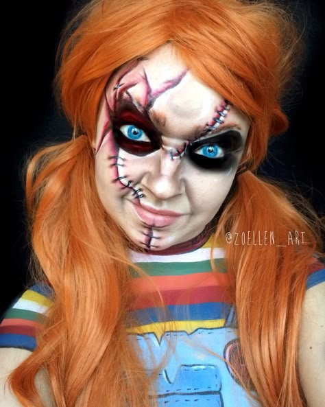 Chucky makeup Chucky Doll Chucky Make Up Woman, Chuckie Makeup Female, Female Chucky Makeup, Chucky Makeup Female Glam, Womens Chucky Makeup, How To Do Chucky Makeup, Chucky Makeup Female, Chucky Costume Female, Women’s Chucky Halloween Costume