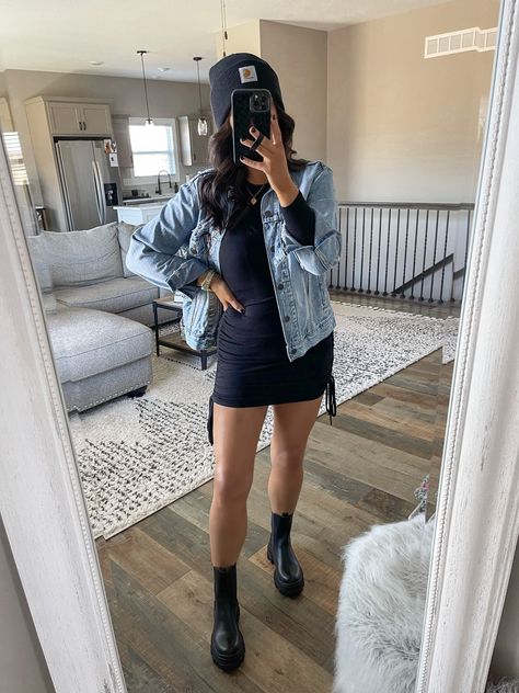 Beanie Dress Outfit, Beanie With Dress Outfit, Black Chelsea Boots Dress Outfit, Black Dress Denim Jacket Outfit Boots, Winter Outfits With Chunky Boots, Dress And Chunky Boots Outfit, Chelsea Boots With Dress Outfits, Casual Black Boots Outfit, Tattooed Outfits