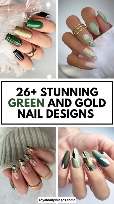 Green And Gold Nail Art, Gold Nail Art Ideas, Green And Gold Nail Designs, Green And Gold Nails, Green Christmas Nails, Elegant Touch Nails, Green Nail Art, Gold Nail Designs, Gold Nail Art