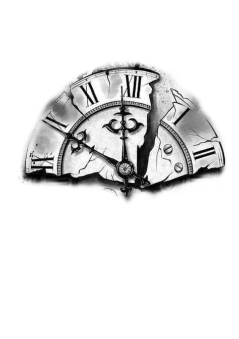 Skeleton Clock Tattoo, Vintage Clock Tattoo Design, Greek Clock Tattoo, Shattered Clock Tattoo, Broken Clock Tat, Clock Tattoo Design Stencil, Clock Design Tattoo, Half Clock Tattoo Design, Tattoo Time Clock