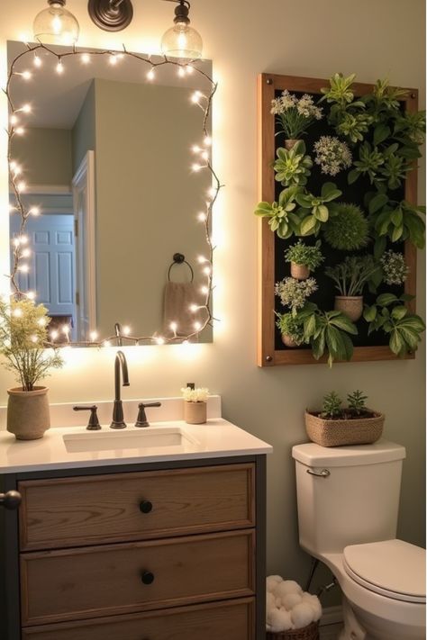 Bathroom with DIY vintage dresser vanity, lighted mirror, and vertical garden wall Small Bathroom Redecorating Ideas, Boho Bathroom Inspiration, Couple Bathroom Decor, Greenery Bathroom Decor, Large Bathroom Mirror Ideas, Bathroom Decor With Plants, Cute Apartment Bathroom Ideas, Ensuite Decor, Bathroom Apartment Ideas