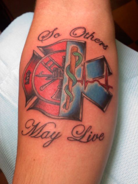 Fire Medic Tattoo, Firefighter Sleeve Tattoos For Guys, Firefighter Emt Tattoo, Fire And Ems Tattoos, Fire Ems Tattoo, First Responder Tattoo Ideas, First Responder Tattoo, Emt Tattoos, Firefighter Tattoo Ideas