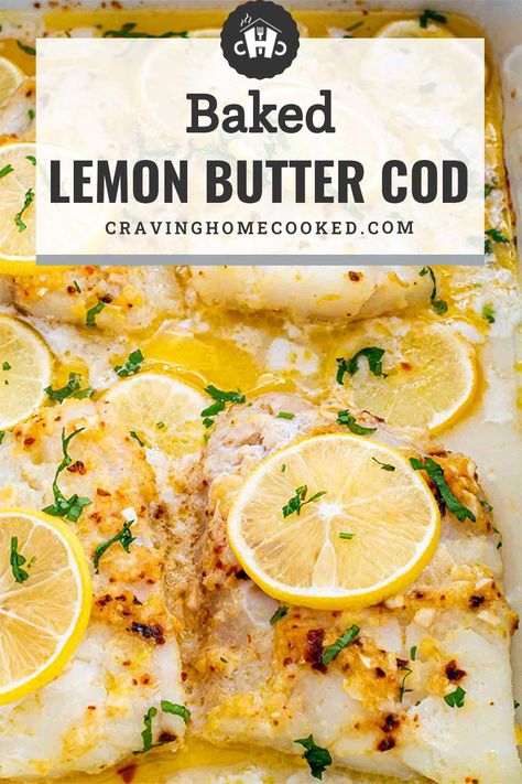 Coated in a garlic lemon butter sauce, this 20-minute Baked Lemon Butter Cod is the quick and easy weeknight recipe you’ve been waiting for! #baked #cod #recipe Baked Lemon Fish Recipes, Baked Cod With Parmesan Garlic Butter, Clean Cod Recipes, Baker Cod Recipes, Fish Recipes Cod Baked, Lemon Garlic Cod Recipes, White Cod Recipes, Simple Cod Fish Recipes, Keto Baked Cod Recipes