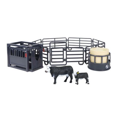 The Ranch Set is the essential ranch toy set, perfect for hours of pretend-play, and fits with ' full line of 1:20-scale farm and rodeo toys. This set includes a Black Baldy Cow & Calf, squeeze chute, Hay Bale & Hay Ring, and a 7-Piece Corral Fence. The roping chute features functioning gates on 2 ends and will hold the cow and calf. The 7-piece corral fence is designed to easily snap together and apart and can be expanded by purchasing additional sets of panels. The Ranch Set is made of our proprietary blend of plastic that creates durable and lifelike toys. We offer a 30-day on all products and we would be happy to assist with any issues you might have. Just reach out to our Team at 1-888-801-4391 and they will take great care of you. Super Realistic Farm Toys: Kids can replicate an auth Hay Ring, Rodeo Toys, Farm Animal Toys, Cow And Calf, Farm Toys, Hay Bales, Cow Calf, Animal Toys, Toys Kids