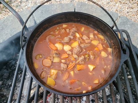 Campfire Dutch Oven Beef Stew {with Gluten-Free Option} Dutch Oven Beef Stew Recipes, Campfire Dutch Oven Recipes, Beef Stew Recipe Oven, Campfire Stew, Cooking Stew Beef, Dutch Oven Beef Stew, Oven Beef Stew, Dutch Oven Beef, Dutch Oven Camping Recipes