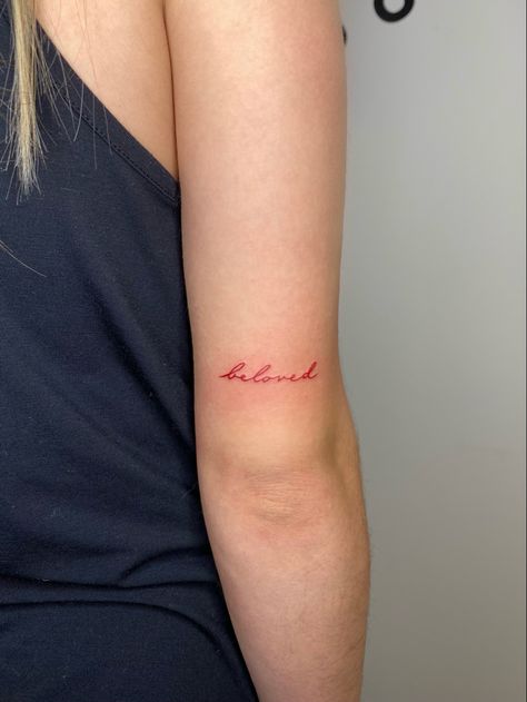 Red Always Tattoo, Red Writing Tattoo Words, Romance Tattoo Words, Red Tattoo Quote, Red Ink Writing Tattoo, Red Ink Text Tattoo, Red Xo Tattoo, Beloved Tattoo Font, Red Ink Tattoos Small Words