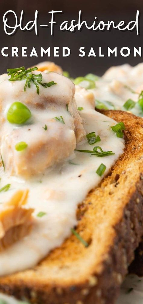 Cream Salmon On Toast, Egg Sauce For Salmon, Salmon And Cream Sauce, Cream Salmon Recipes, Salmon Loaf With Creamed Peas, Salmon In Cream Sauce Recipe, Creamed Salmon And Peas, Uses For Canned Salmon, Salmon Pea Wiggle