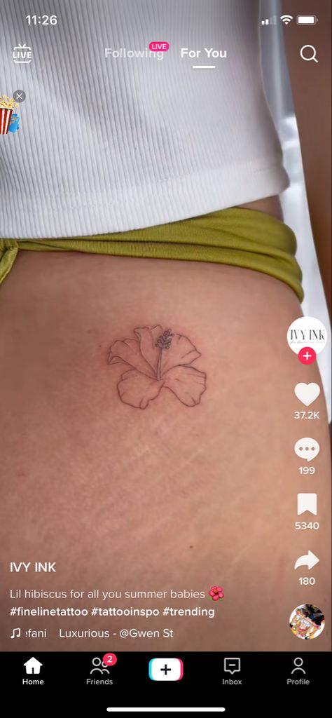 Hibiscus Small Tattoo, Flower Tattoo Hawaiian, Aloha Flower Tattoo, Gumamela Flower Tattoo, Tattoo Ideas Female Hibiscus, Tropical Hibiscus Tattoo, Small Tropical Flower Tattoos For Women, Hip Tattoo Small Flower, Hibiscus Tattoo Behind Ear