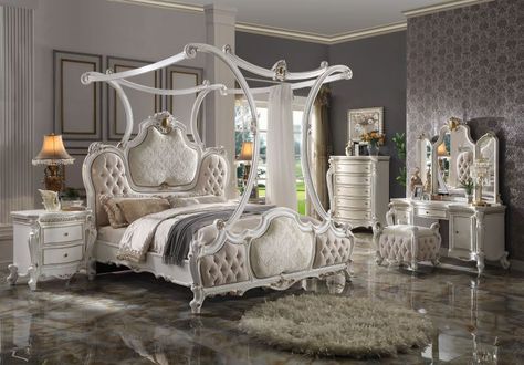 Picardy Formal Canopy Bedroom Set in Antique Pearl Canopy Bedroom Sets, Eastern King Bed, Canopy Bedroom, Cal King Bedding, Button Tufted Headboard, White Canopy, California King Bedding, Bed Canopy, European Antiques