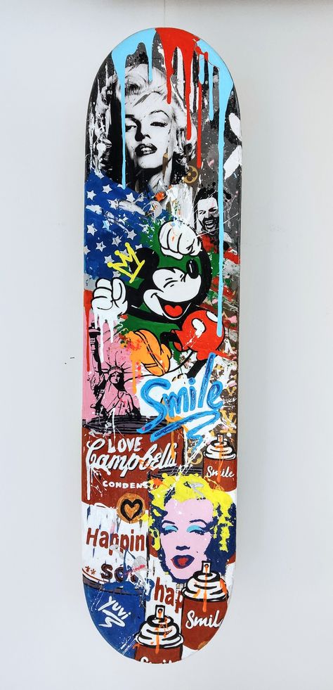 This is an original Pop Skateboard Deck Art Sculpture by Israeli pop artist Yuvi. It is painted on a real skateboard in a pop street art style with graffiti. It contains many recognizable pop culture figures such as the Statue of Liberty, Mickey Mouse, Marilyn Monroe and more. The artwork is signed by Yuvi on the other side of the Skateboard. We ship worldwide! Skateboard Pop Art, Street Art Skateboard, Skateboard Graffiti Art, Skateboard Design Ideas, Paint Skateboard, Skate Deck Art, Skateboard Artwork, Pop Art Andy Warhol, Skate Bord