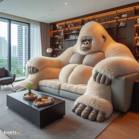 Gorilla Shaped Sofa 🦍🛋️🌟 #GorillaSofa #WildComfort #UniqueFurniture Make a bold statement in your living space with the Gorilla Shaped Sofa. This unique piece of furniture features the distinctive silhouette of a gorilla, adding a touch of wild charm to your home decor. Embrace comfort and creativity with the Gorilla Shaped Sofa, where every sit-down becomes an adventure in style. 🌿🦍✨ https://luxarts.net/gorilla-shaped-sofa/ Gorilla Decorations, Gorilla Sofa, Sofa Core, Odd Furniture, Funky Living Room, Alpha Man, Bold Living Room, Funky Living Rooms, Halloween Bedroom Decor