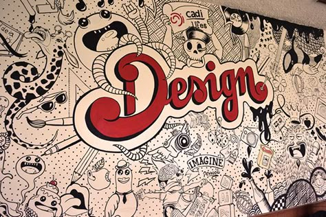 Wall painting made for the Academic Center of Design from Federal University of Espírito Santo. Wall Painting Creative, Tattoo Ideas Music, Wall Drawing Ideas, Creativity Drawing, Doodle Wall, Wall Drawings, Office Mural, New Tattoo Ideas, School Murals