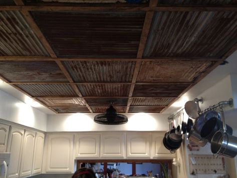 Corrugated+Tin+Ceiling | View topic - Corrugated metal ceiling Drop Ceiling Ideas, Rustic Tin Ceilings, Corrugated Metal Ceiling, Corrugated Tin Ceiling, Metal Panel Ceiling, Open Shelving Kitchen, Shelving Kitchen, Corrugated Tin, Corrugated Metal Roof