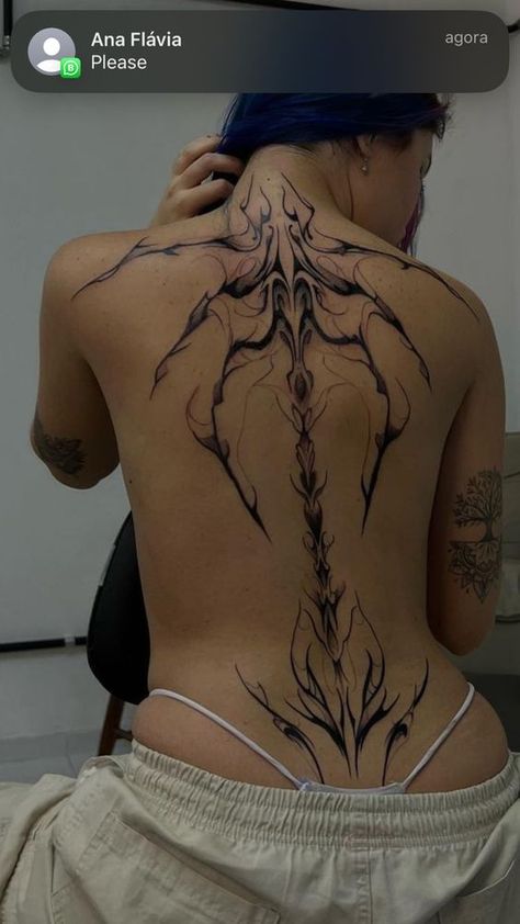 Tattoo Ideas Inner Thigh, Blitz Tattoo, Back Tattoos Spine, Woman Tattoos, Symmetrical Tattoo, 16 Tattoo, Upper Back Tattoos, Torso Tattoos, Wicked Tattoos