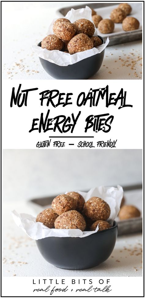 Nut-Free Oatmeal Energy Bites - Little Bits of... Energy Balls Nut Free, Oatmeal Energy Bites, Nut Free Snacks, Oatmeal Bites, Energy Bites Recipes, Snack Options, Free Snacks, Energy Bites, Food Help