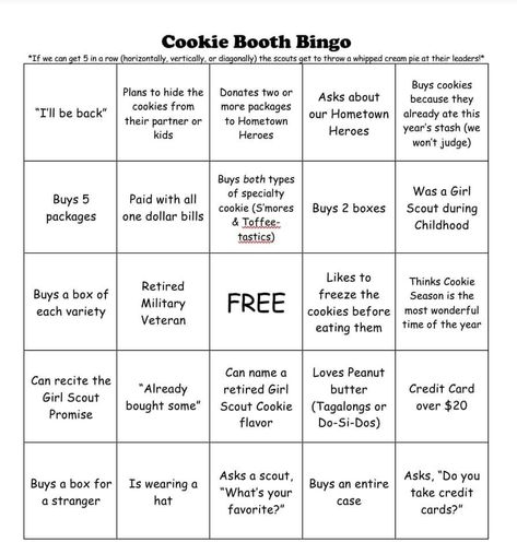 Cookie Booth Bingo, Girl Scout Cookie Badge Activities, Girl Scout Cookie Booth Poster Ideas, Girl Scout Cookie Booth Bingo, Girl Scout Cookie Booth Tally Sheet Free, Girl Scout Cookie Booth Posters, Girl Scout Mom, Girl Scout Meeting Ideas, Rally Idea