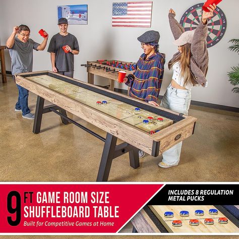 GoSports Premium 9 ft Shuffleboard Table with 8 Pucks, Shuffleboard Wax, and Brush Shuffleboard Tables, Shuffleboard Table, Composite Wood, Play Room, Oak Finish, Game Room, Wax