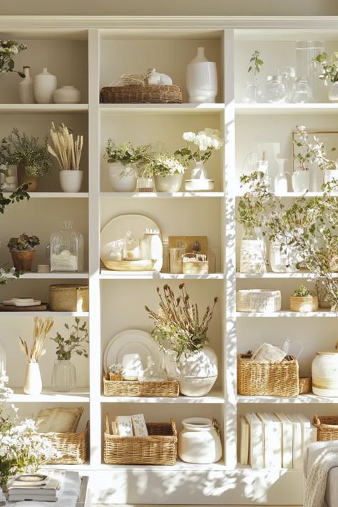 Explore  stylish open shelf decorating ideas featuring beautifully arranged books, plants, and decor items. This pin showcases tips for enhancing home decor with open shelves. Plants On Built In Shelves, Bedroom Open Shelving, How To Decorate A Shelf, Display Shelving Ideas, Boho Shelf Styling, Open Shelving Living Room, Styling Open Shelves, Open Shelf Styling, Shelf Decorating Ideas