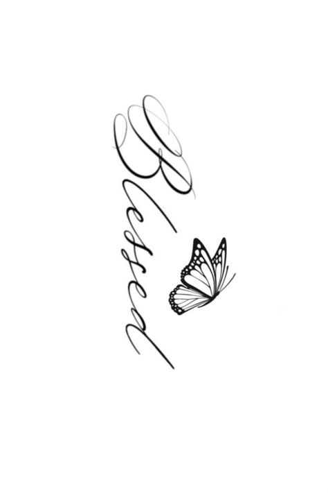 Arm Tattoo Ideas Black Women, Side Neck Tattoos Women Ideas Words, Small Protection Tattoos For Women, Blessed Tattoo With Butterfly, Blessed Wrist Tattoos For Women, Tattoos On White Background, Next Tattoos For Women, Arm Side Tattoo, Neck Tattoos Women Side Words