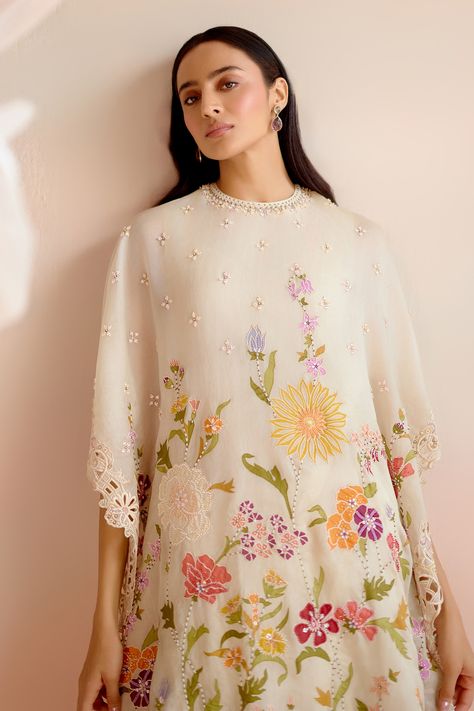 Buy Ivory Silk Organza Embroidery Floral Round Cutwork Kaftan For Women by Chandrima Online at Aza Fashions. Organza Kaftan, Kaftan Women, Kaftan Pattern, Kaftan For Women, Embroidered Kaftan, Organza Embroidery, Kaftan Designs, Applique Work, Designer Kurti Patterns