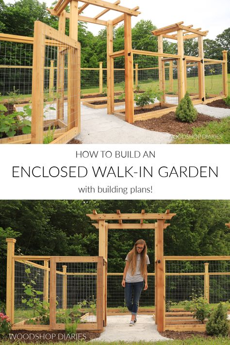 How to Build an Enclosed Walk-In Garden | BUILDING PLANS Enclosed Garden Beds, Garden Enclosure Ideas, Fenced Vegetable Garden, Diy Garden Fence, Diy Raised Garden, Garden Arbor, Veg Garden, Home Vegetable Garden, Vegetable Garden Design