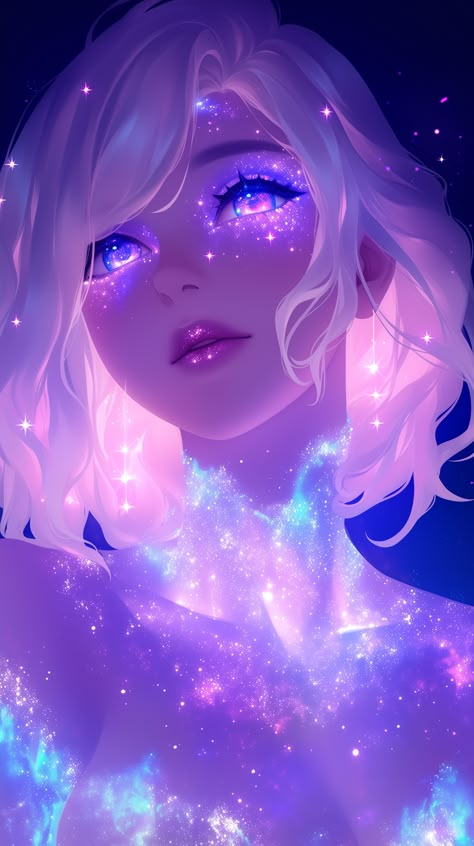 Enveloped in swirling nebular hues, a pale-haired figure gazes upward with eyes reflecting miniature galaxies. Soft starlight shimmers across her cheeks and shoulders, merging cosmic purples and pinks into an entrancing display. Each subtle glint creates the sensation of drifting constellations, capturing star beauty in a tranquil hush. Gentle sparkles highlight her gentle features, reminiscent of woman drawing aesthetic shaped by luminous celestial dust. Ethereal shapes evoke cosmic wonder on her skin, as if galaxies themselves have taken form upon a living canvas. Within this stardust tapestry, midnight blues melt into soft magentas that flicker faintly near her collar. The result offers a profound glimpse of vast universal mysteries, quietly echoing cosmic splendor and serene infinity. Holding Crystal Ball Reference, Starry Hair Art, Blue Constellation Aesthetic, Galaxy Hair Art, Galaxy Girl Art, Galaxy Character Design, Blonde Woman Drawing, Business Woman Drawing, Goddess Of Stars