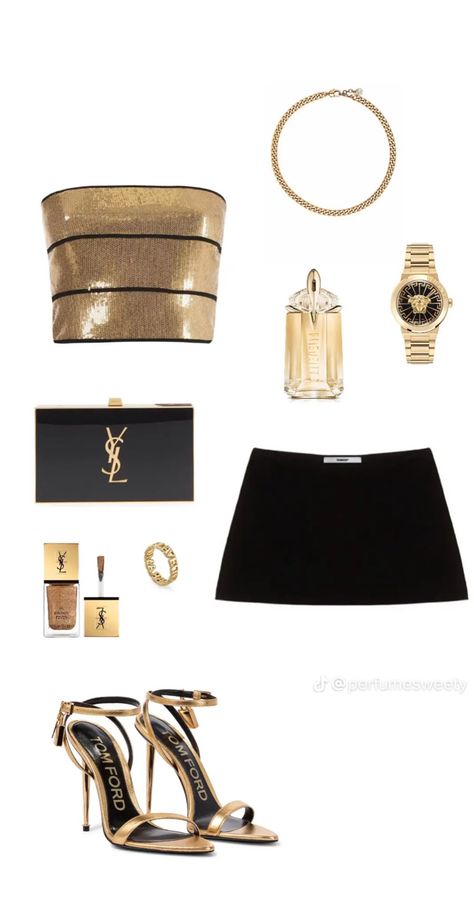 Gossip Girl Party, Golden Outfit, Black And Gold Outfit, Girls Party Outfits, Gossip Girl Outfits, Gold Outfit, Glam Outfit, Gold Girl, Party Fits