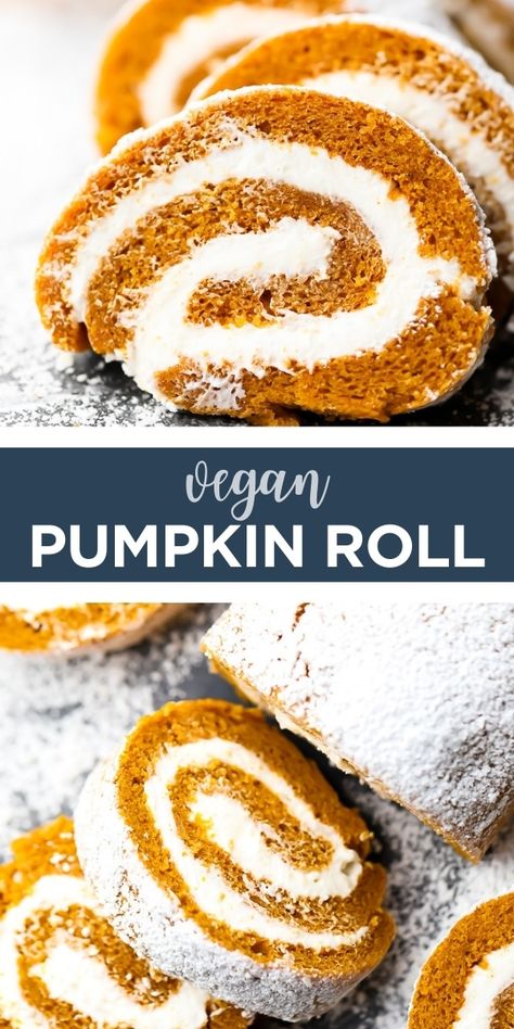 Vegan Pumpkin Roll, Moist Pumpkin Cake, Pumpkin Roll Cake, Pumpkin Rolls Recipe, Vegan Pumpkin Recipes, Vegan Baking Recipes, Vegan Cream, Vegan Thanksgiving Recipes, Vegan Bakery