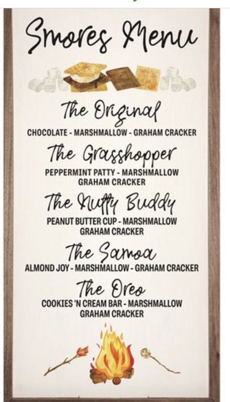 Smores Menu, Smores Bar Party, Campfire Snacks, Bonfire Birthday, Smores Party, Smore Recipes, Bonfire Party, Menu Sign, S'mores Bar