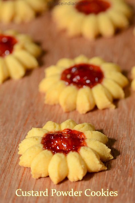 EGGLESS JAM BISCUITS - Custard Powder Cookies - Eggless Jam drops — Spiceindiaonline Jam Biscuits Recipe, Jam Drop Biscuits, Custard Powder Recipes, Eggless Custard, Custard Biscuits, Powder Cookies, Jam Biscuits, Jam Drops, Cookies Eggless